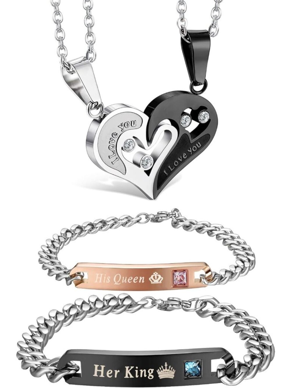 Couples Jewelry Set - 4Pcs Matching Necklaces & Bracelets for Him & Her